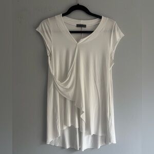 David Valls White Draped Asymmetrical Short Sleeve Blouse Size M